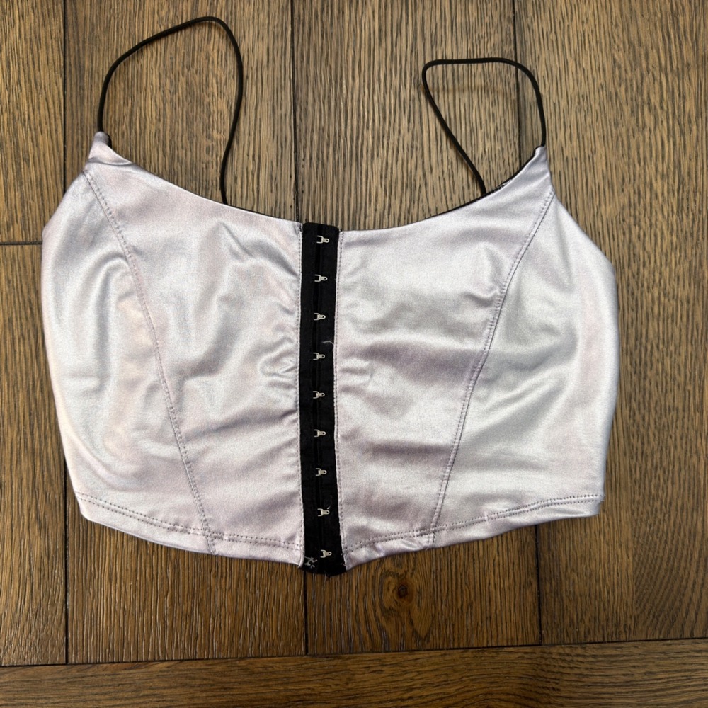 Metallic Silver Corset Crop Top Hook Eye‎ Front Spaghetti Strap Festival S/M
